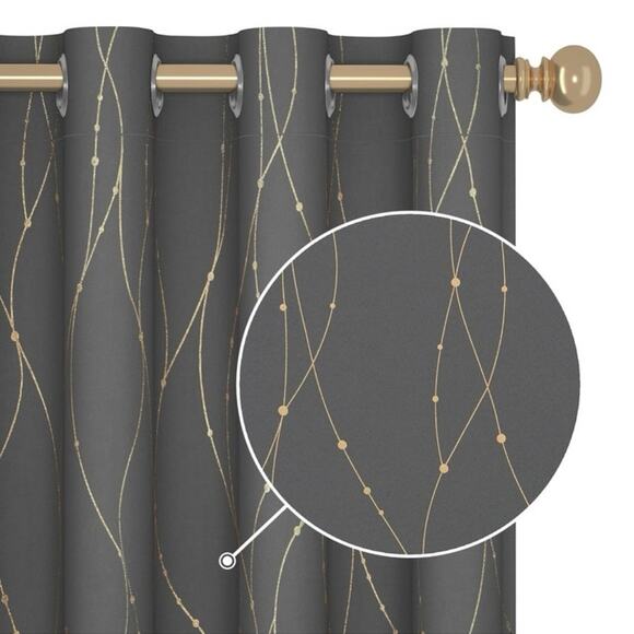 2 Panels Blackout Curtains Dark Gray Gold Accents Grommet Hanging 52” x 84” READ - Picture 11 of 13
